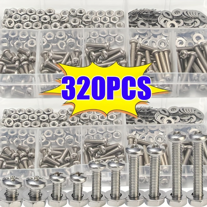 Juego de tuercas y tornillos hexagonales de acero inoxidable - 320 piezas, tamaños métricos M2, M2.5, M3, M4, M5, kit de hardware universal para proyectos DIY y reparaciones