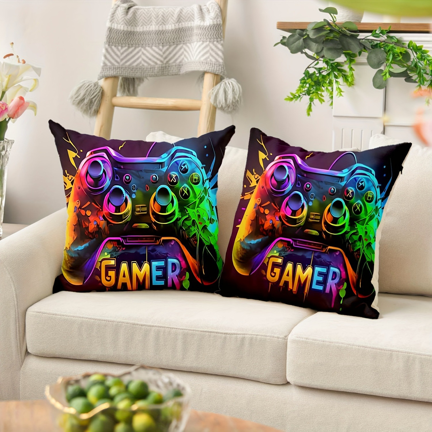 

2pcs Cyberpunk Game Controller Pillowcases - Soft Polyester, Zip Closure, Hand Washable - Living Decor