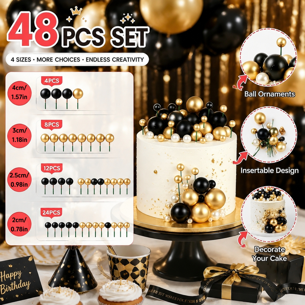 TEMU 48 pezzi di topper per torta con palline di schiuma nere e dorate di diverse dimensioni, misure assortite per compleanni, matrimoni, feste di a