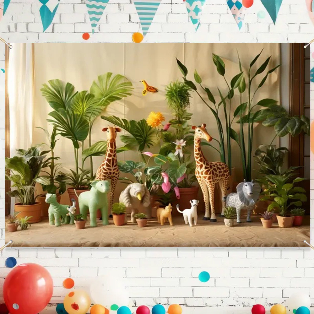 1pc   party scene decor with animal dolls vines welcome sign       props   giraffe elephant monkey bear rabbit   figurines colorful plant balloon accents jungle theme decorations