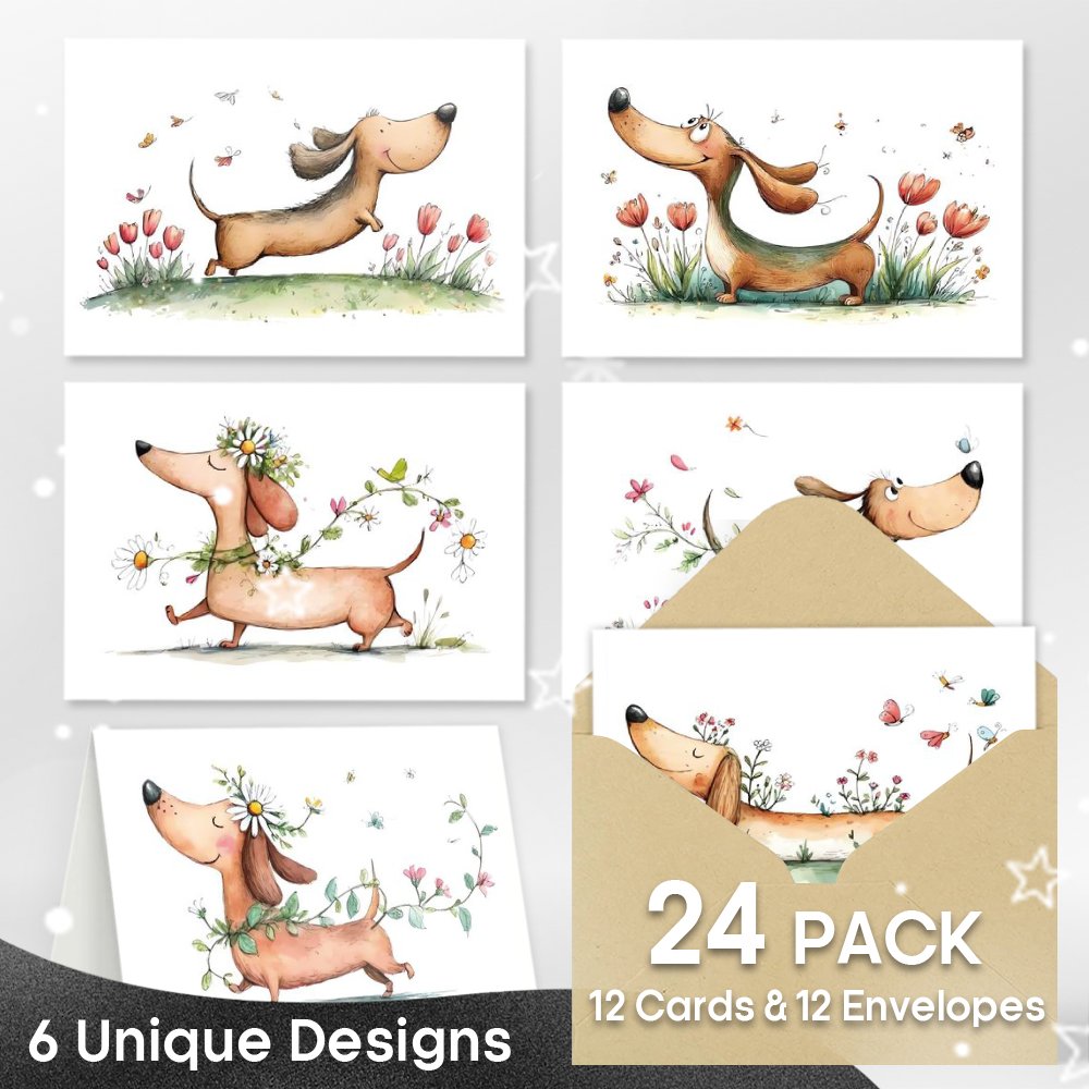 E-shop Ein Set aus 24 lustigen Grußkarten mit Aquarell-Blumenmotiven mit Dackeln, geeignet für verschiedene Anlässe (Geburtstage, Hochzeiten) - eine
