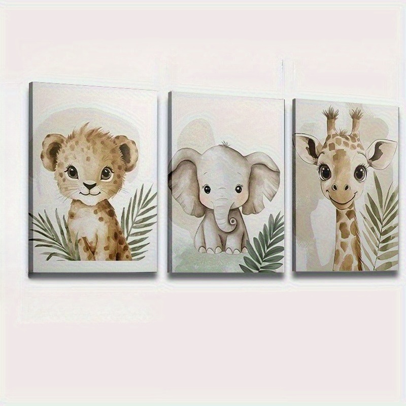 TEMU 2d Flat, 2d Flat, Set Of 3 Framed Canvas Prints Featuring And Jungle Animals, Measuring 12x16 Inches. Ideal For 's Rooms, Living Areas, And