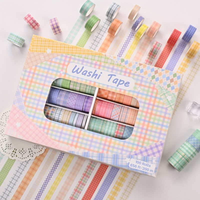 TEMU 100 Rolls Very Multi-style Patterns Colored Series And Paper Washi Tape And Paper Material Tape Gift Box Line Pattern Decorative Tape Aesthetic