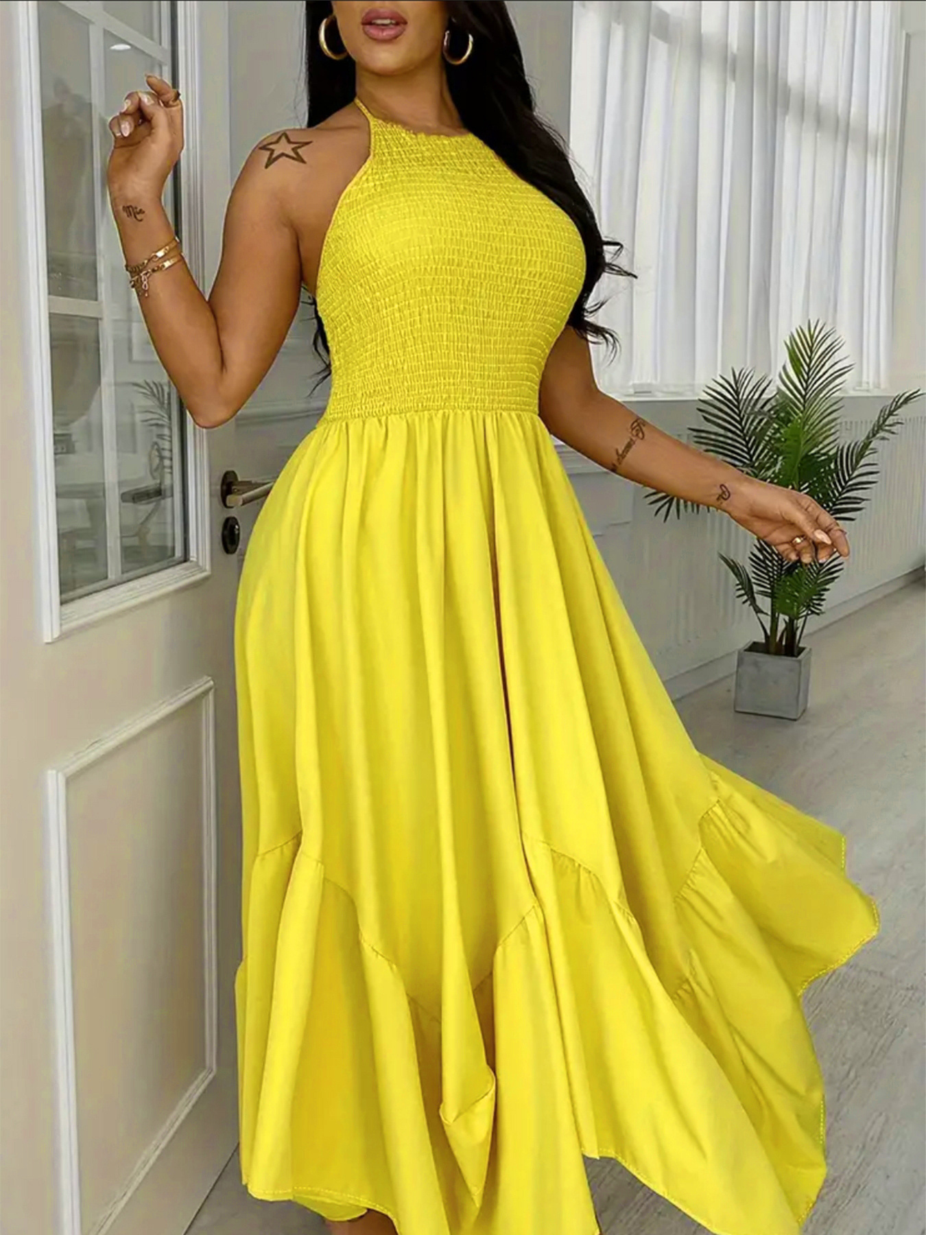 slim fit dress slacks Velvi - Remi Yellow Maxi Dress - Halter Neck, Open Back & Ruffle Detail main image 1