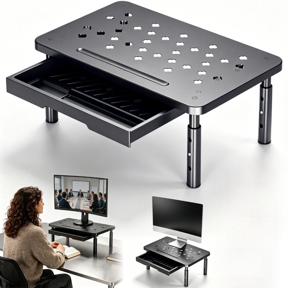 Image of Height-adjustable Desktop Monitor Riser With Drawer Storage, Ventilation Holes For Cooling, Office Desktop Organization, And Laptop Cooling Stand