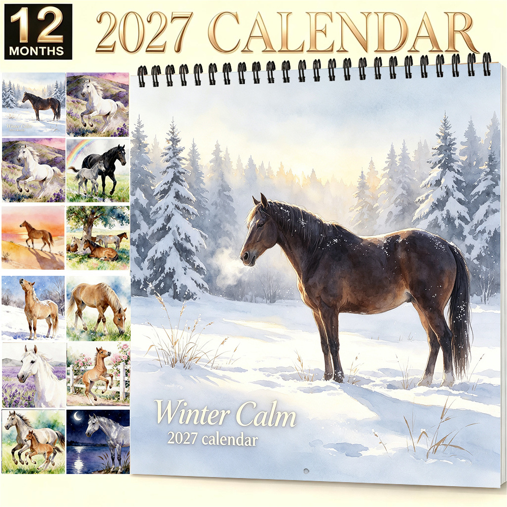 TEMU 1pc, 8.3x8.3 Inch Winter Horse Watercolor Wall Calendar 2027 Monthly Hanging Calendar Rustic Winter Scenery Art Calendar For Home Office Decor