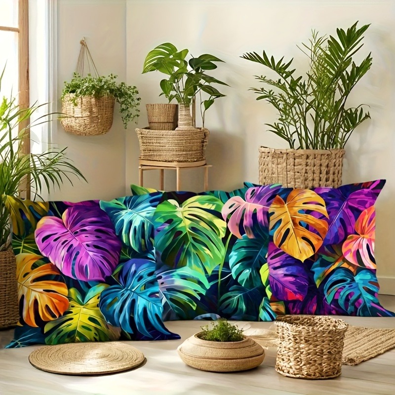 TEMU 2d Flat - 4pcs 2d Printing High Quality Outdoor Sofa Cushion Covers, Featuring Vibrant Tropical Leaf , Suitable For Garden Furniture,