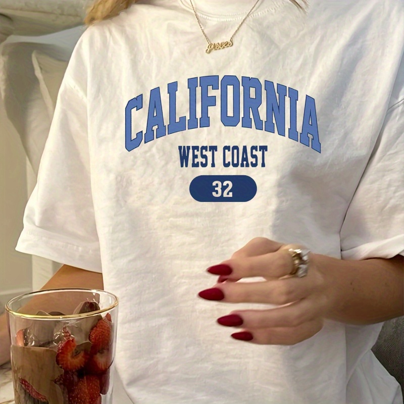 Girls' California West Coast Graphic Short Sleeve T-Shirt - 100% Cotton Breathable Loose Fit Casual Summer Top with Geometric Print, Machine Washable Round Neck Tee for Teenagers, Leisure Teen Clothing | Sporty Teen Style | Comfortable Teen Apparel