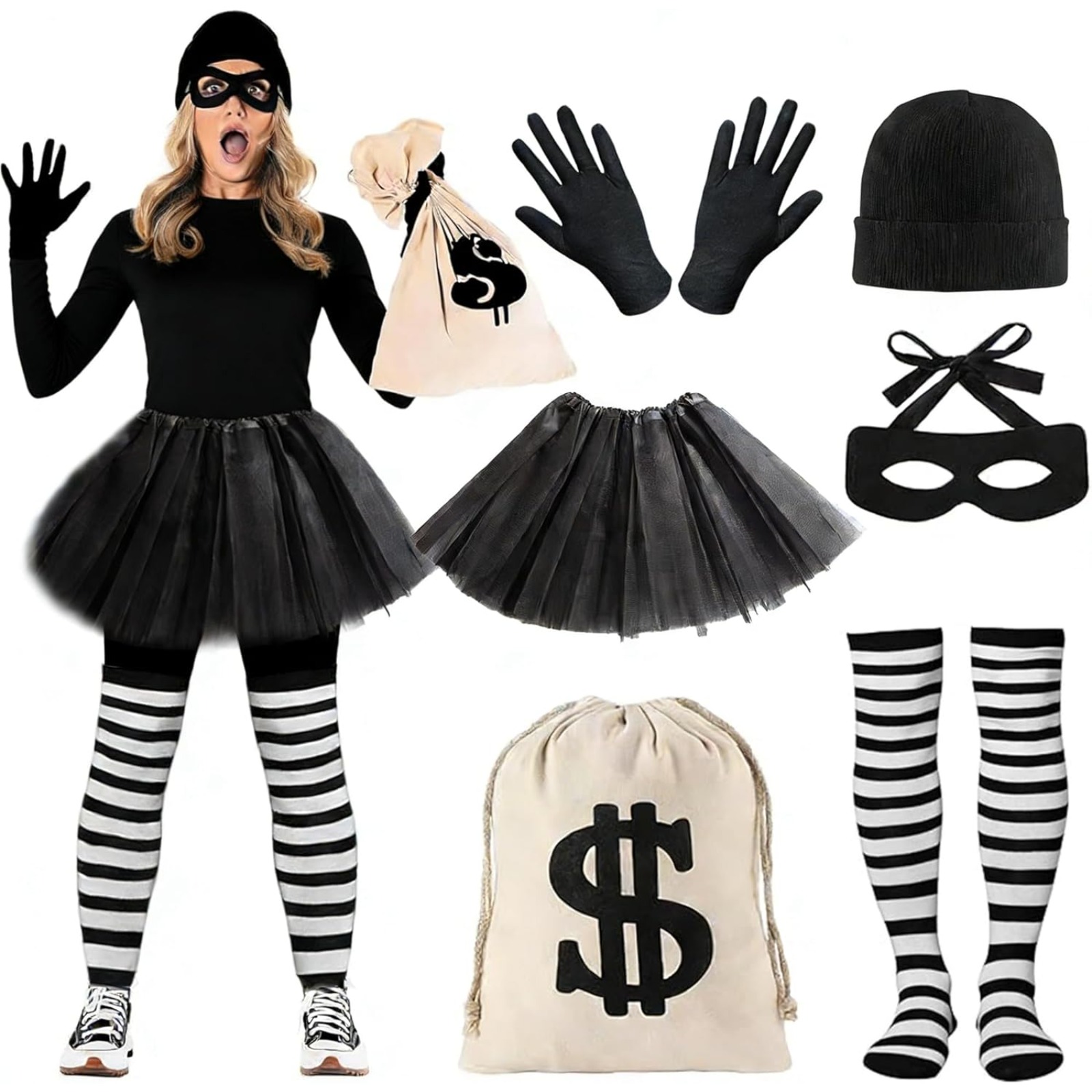 TEMU 6pcs Robber Costume Set, Fancy Dress With Tutu Skirt Beanie Gloves Eye Mask Canvas Striped Socks, Outfits For Cosplay