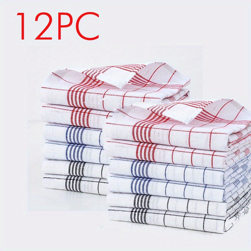 6/ 12 Kitchen Towel Set, Fabric, Contemporary Style, Checkered And Striped Pattern, Blue And Red Grid, Rectangular Dishcloths for Home, Kitchen And Dining Room