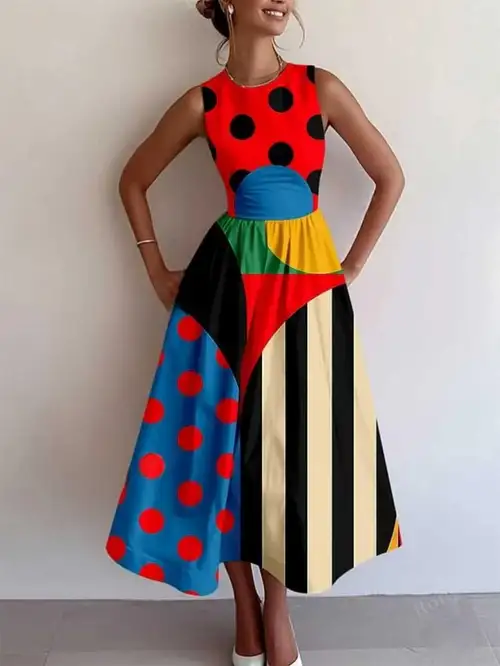 round neck stripe print high waist dress Summer Pure Cotton Round Neck Striped Print Loose Fit A-line Dress Babakud