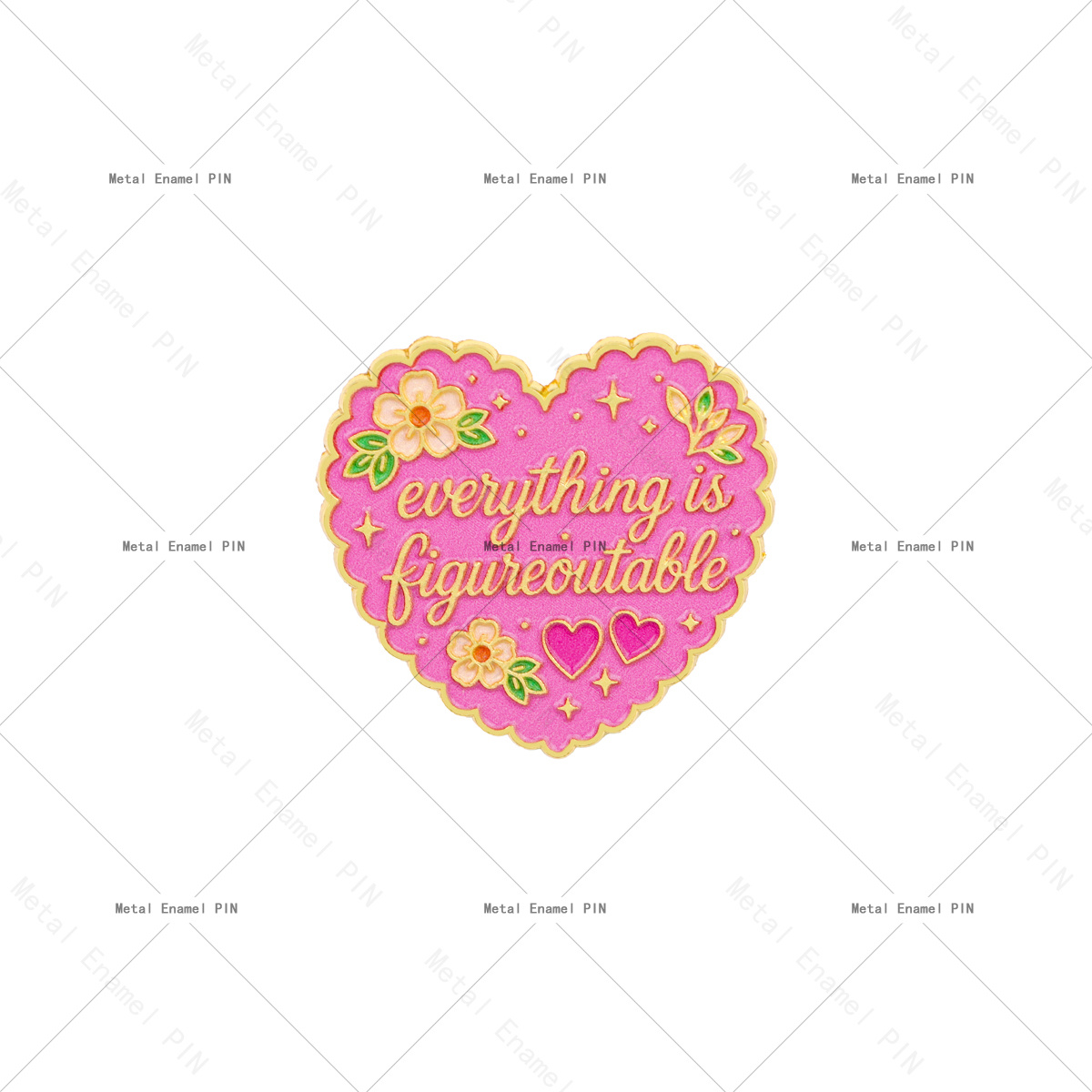 TEMU 1pc Pink Heart Inspirational Quote Enamel Pin, "everything Is Figureoutable" Flower Decor Metal Lapel Badge, Positive Affirmation Brooch For