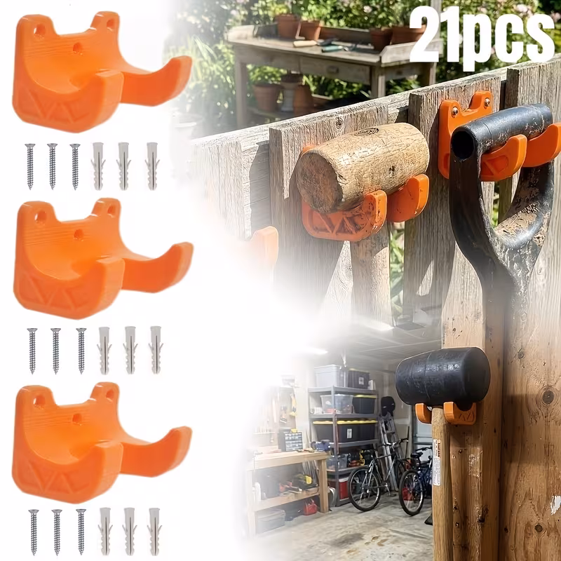 21pcs gardening tool organizer featuring diameter hooks for brooms shovels rakes hoes and other tools this storage solution is wall mounted with screws and offers multifunctional hooks suitable for most gardening and yard tools details 2