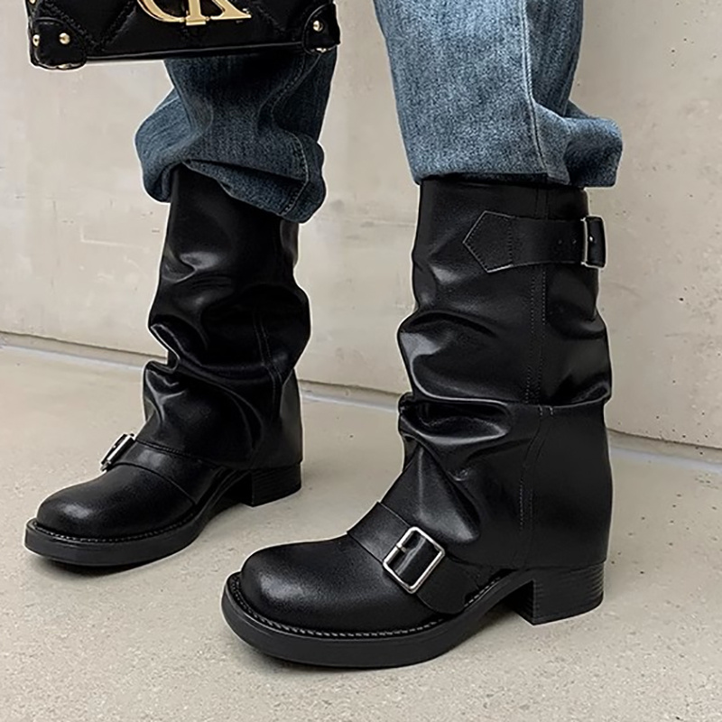 Women's Korean-Inspired Chunky Platform Ankle Boots with Metal Closure  Glossy Synthetic Round-Toe *-Calf Boots, Comfortable Rubber Sole