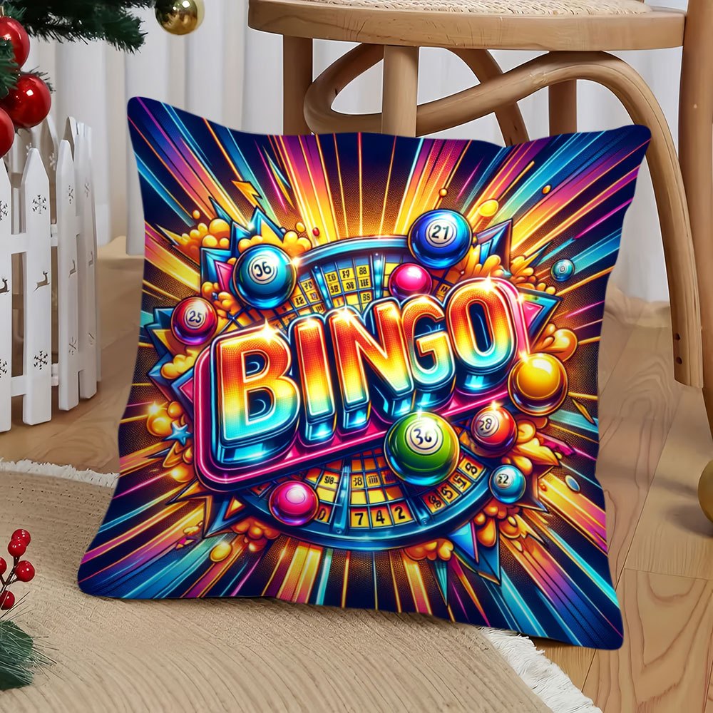 

1pc Vibrant Bingo Themed Polyester Decorative Cushion Cover, Machine Washable Zippered Pillowcase For Home Sofa, No Battery Or Electricity Needed, Decor