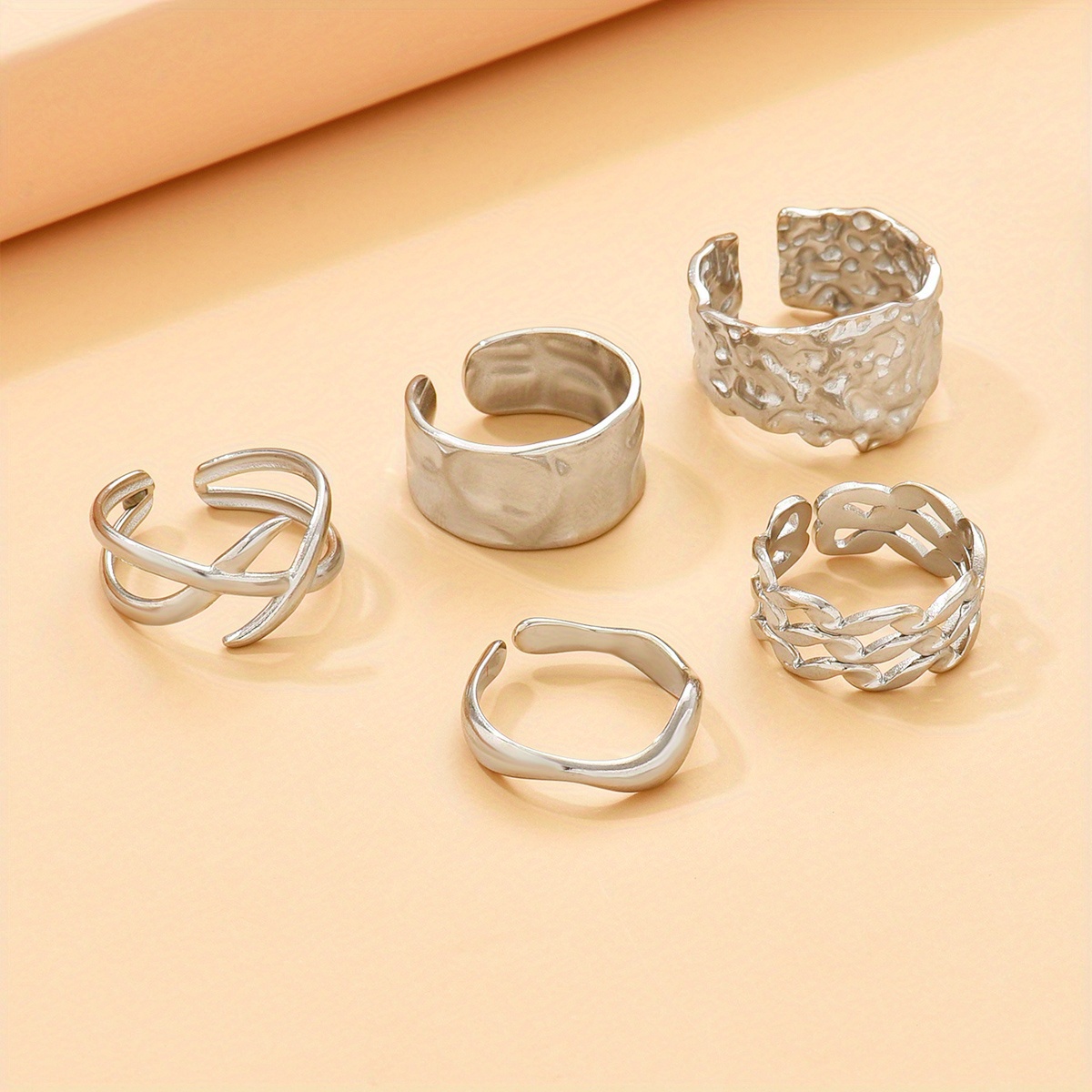 5pcs Women's Open Ring Set, Irregular Texture Designs