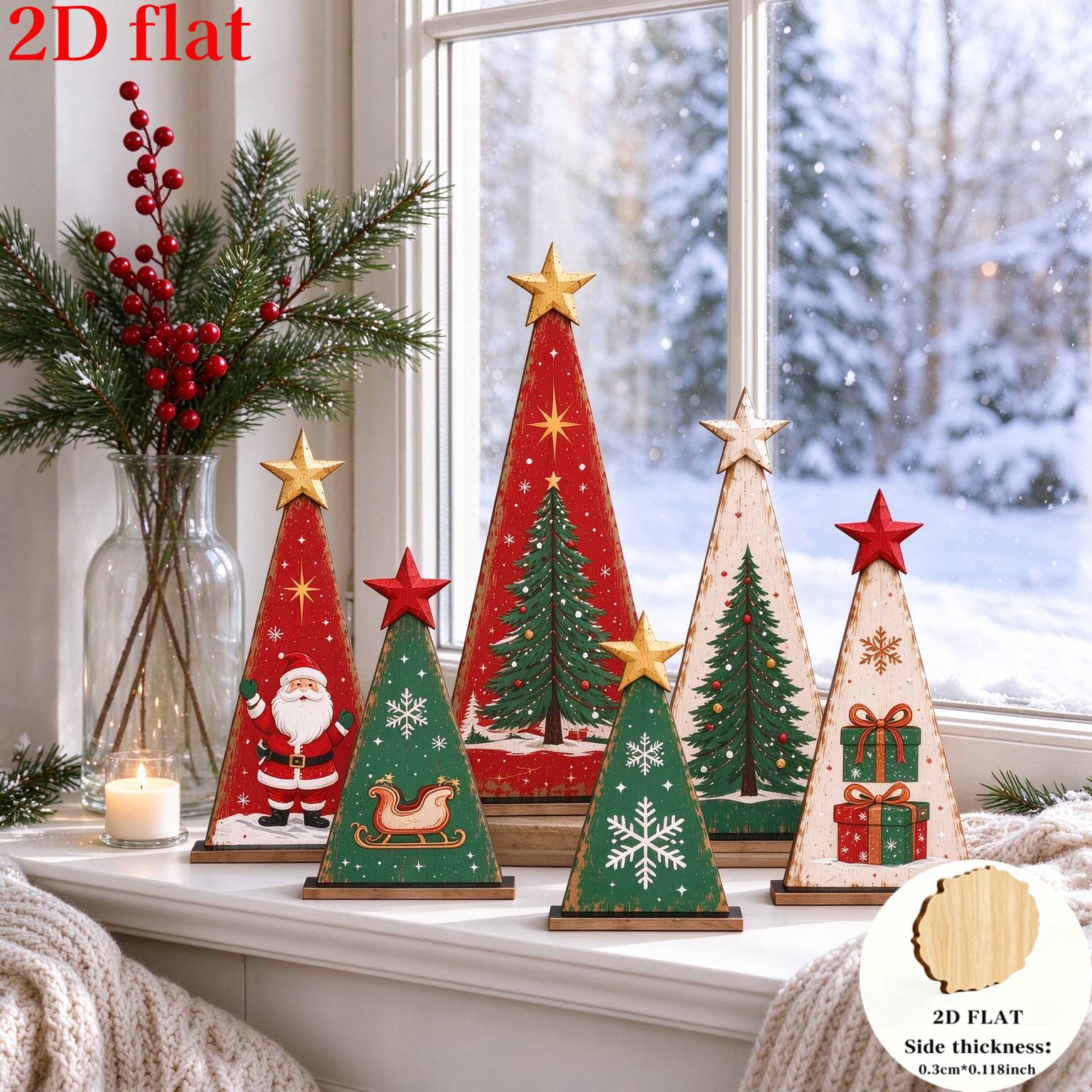 TEMU 2d Flat, 6pcs Vintage Wooden Triangular Christmas Tree Desktop Ornaments. On Living Room Windowsills, Mantels, Entryway Shelves, Dining Tables,