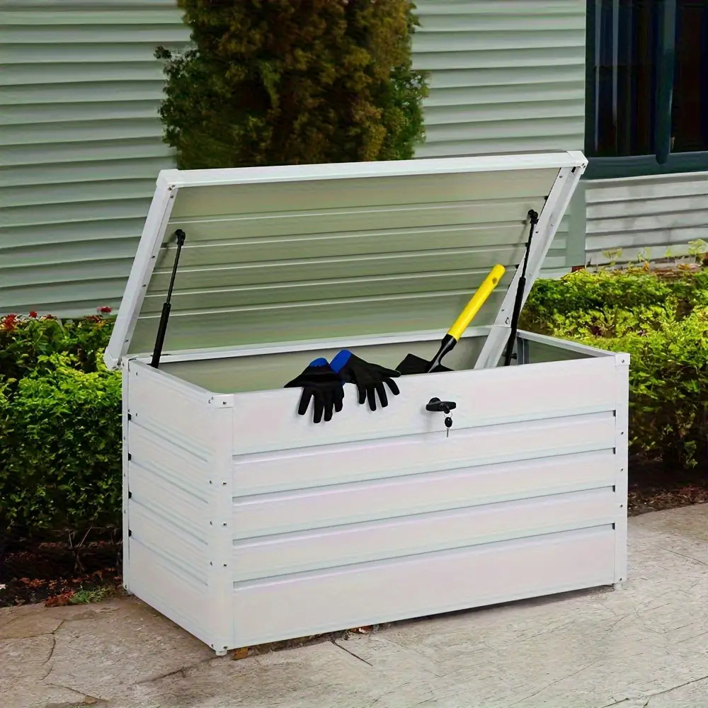 heavy-duty lockable outdoor storage cabinet with lockable lid & heavy-duty construction - large   & light gray exterior,     shed with sturdy hinges & locking mechanism for garden, balcony, camping, tool storage - durable deck box with wheels for  , ideal for backyard, patio, or rv use - retro style with safety lock, rectangular design with black handles, sturdy frame for outdoor use, backyard storage, box cabinet 0