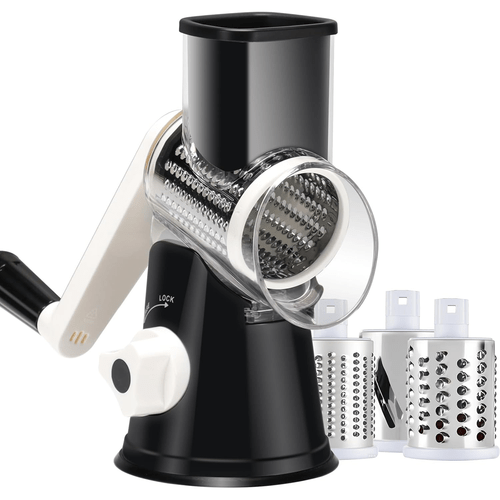 hand cranked rotary cheese grater for shredding fresh cheese vegetables and nuts featuring a non slip suction base and a complimentary cleaning brush with three