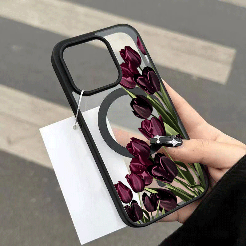 TEMU Phone Case - Dark Tulips Green Leaves Magnetic Frosted Phone Case For For Galaxy A54 A06 A07 A15 A16 A26 A35 A36 S26 S25 Plus S23 S24 S26 S25
