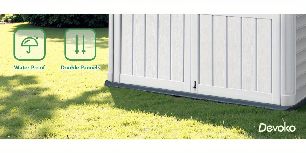 Devoko 34 Cu Ft Resin Outdoor Storage Shed - Waterproof Double Lock Security, No Shelf Design for Trash Can, Garden Tools & Pool Supplies, Durable Weather-Resistant Beige Organizer with Ventilation & Easy Assembly, Outdoor Storage Shed, Tool Organization, Ventilated Design, Sturdy Construction, Storage Sheds