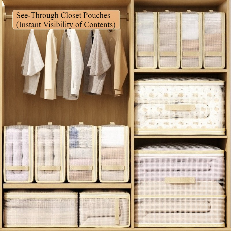 2pcs Large Foldable Travel Storage Bag, Clear Mesh Organizer Tote