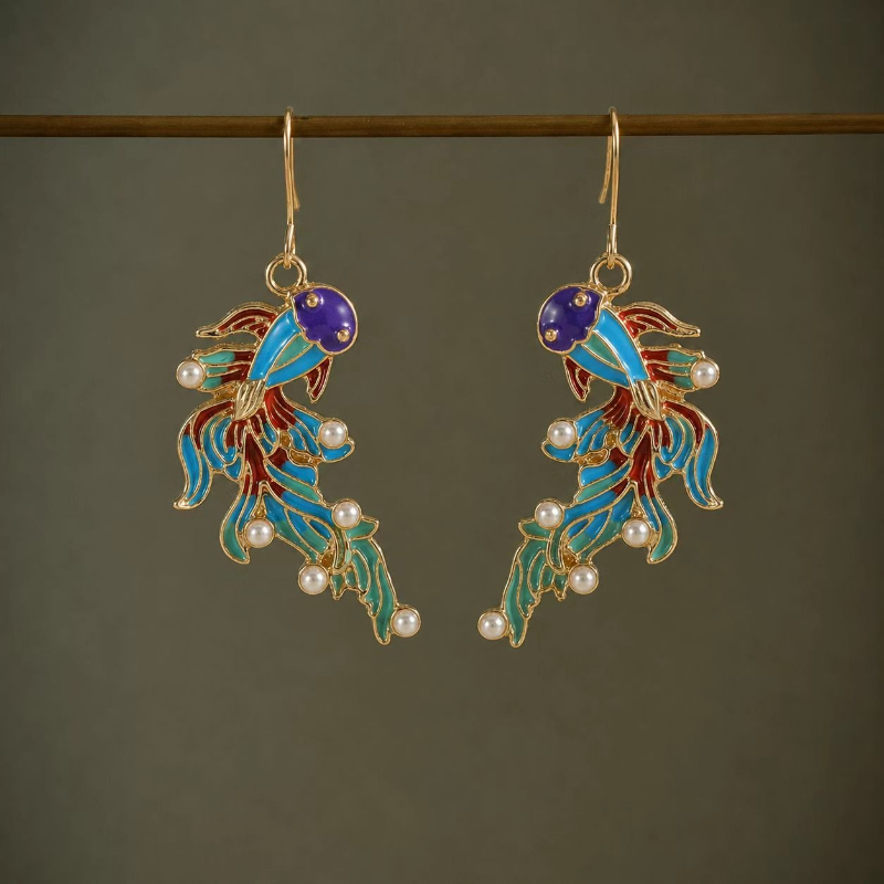 Women's Chinese Vintage Koi Fish Dangle Earrings, Traditional Style