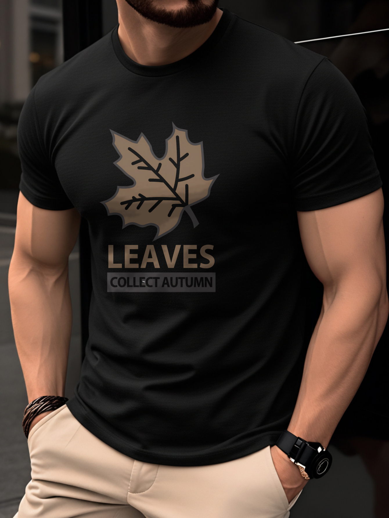 item picture 100 cotton mens t shirt autumn short sleeve   fit casual top   print base layer with leaves letter and maple leaf pattern stylish elegant personality  