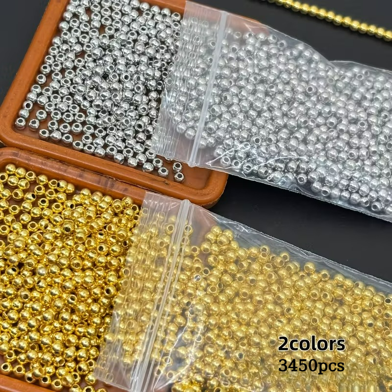 E-shop 3450 3mm hochwertige goldene silberne Rundperlen mit geradem Loch, ideal für DIY-Schmuckherstellung wie Halsketten, Armbänder französische