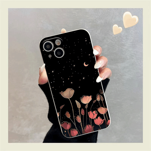 Artikelbild handyhülle - kreatives tpu-design mit mond, sternen und blumen für iphone, inklusive 16, 15, 14, 13, 12 und 11er serie. eine stilvolle und einfache cartoon-schutzhülle, die stoßfest und sturzsicher ist.