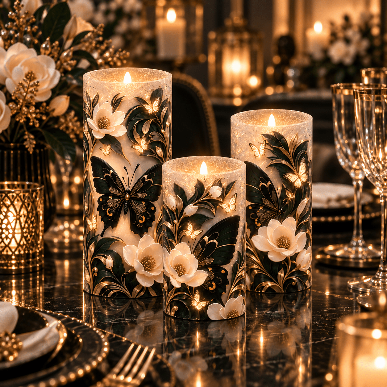 TEMU Flameless Led Candles 3pcs Set Flickering Candle Lights Black Floral Decorative Candle Set For Home Decor Elegant Luxury Table Centerpiece