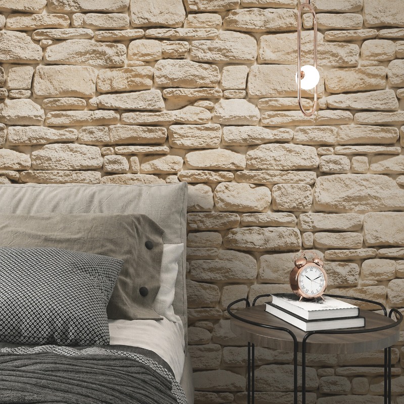 TEMU Papier peint autocollant 17,7"×118" beige empilée, papier de contact auto-adhésif roche naturelle rustique pour décoration murale d'accent dans