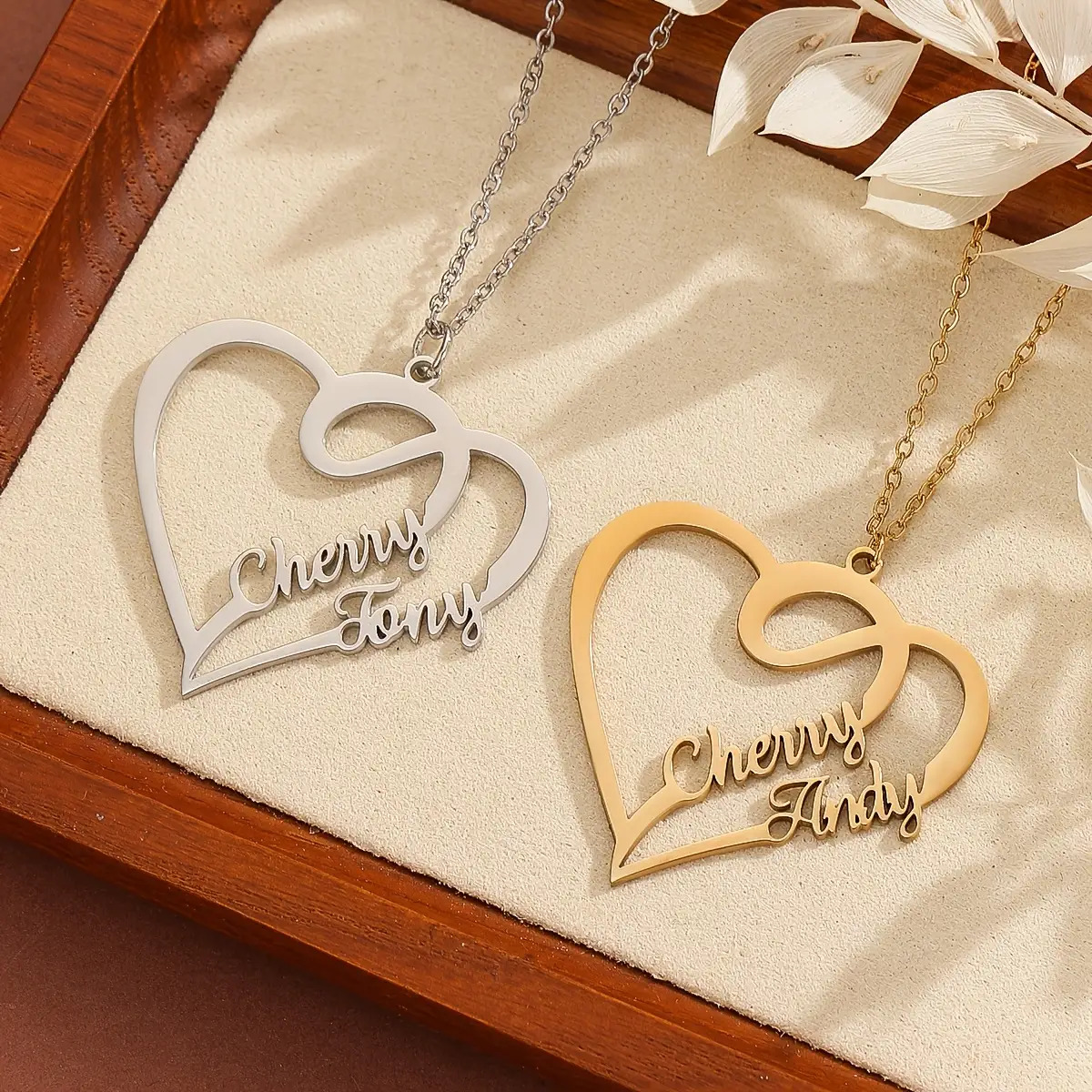 Customized Name Letter Necklace with Hollow Heart Design