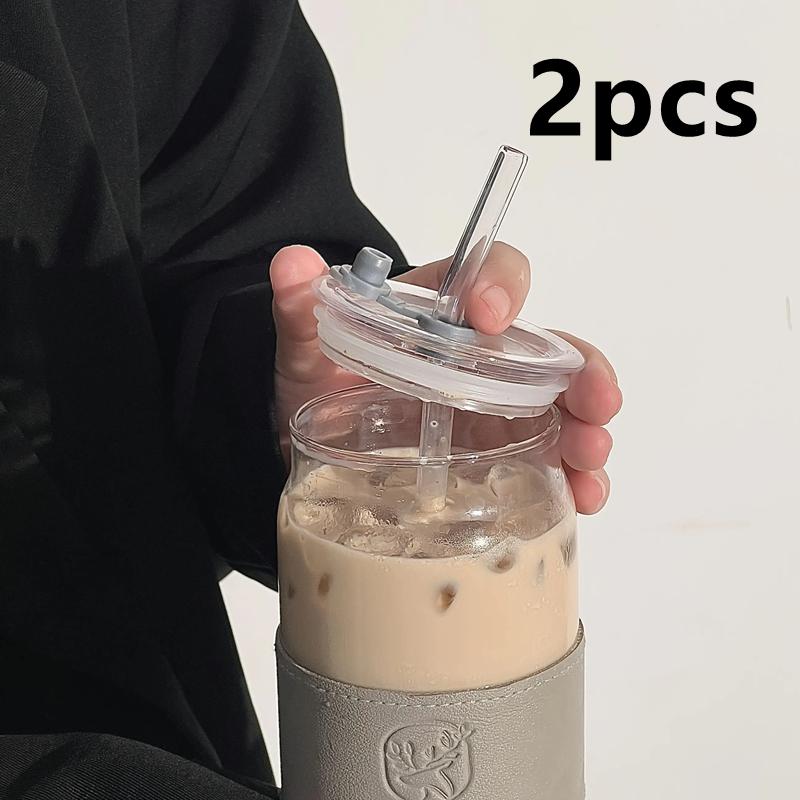 TEMU 15.21 Oz Large Capacity Straw Glass Cup, Suitable For Iced Coffee, Whiskey, Soda, Tea, With Lid, Straw, And Sleeve Decoration, 2pcs