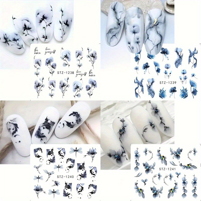 Image of Set Of 4 Self-adhesive Glitter Nail Stickers - Abstract Cloud Flower &fantasy Floral Designs, Unscented Disposable Temporary Nail Suitable For Women &, Diy Manicure, Parties, Weddings