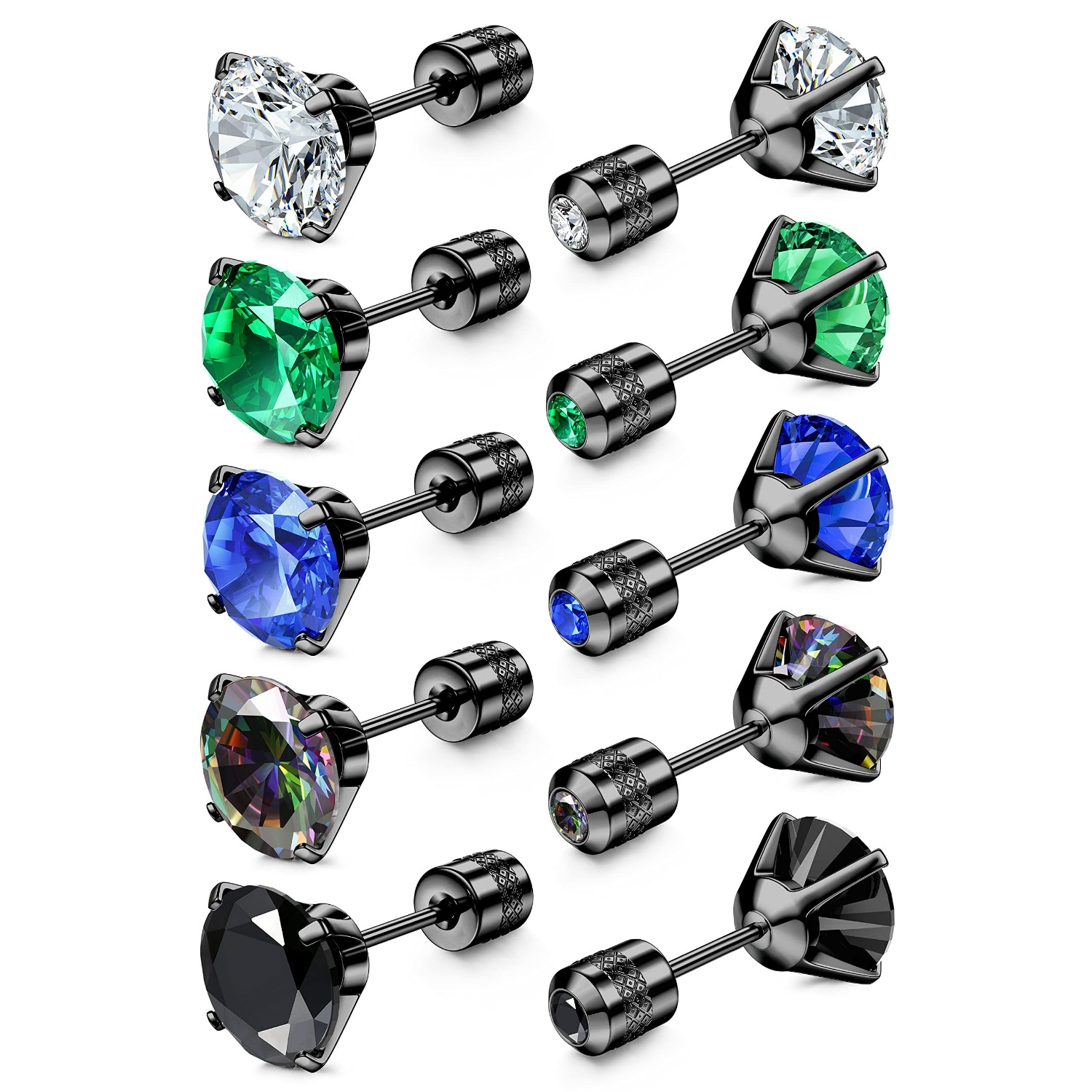 Image of 5 Pairs Screw Back Surgical 316l 316l 316l 316l Stainless Steel Stud Earrings For Women Men Rainbow 5a Cubic Synthetic Synthetic Zircon​​ Hypoallergenic Stud For Sensitive Ears