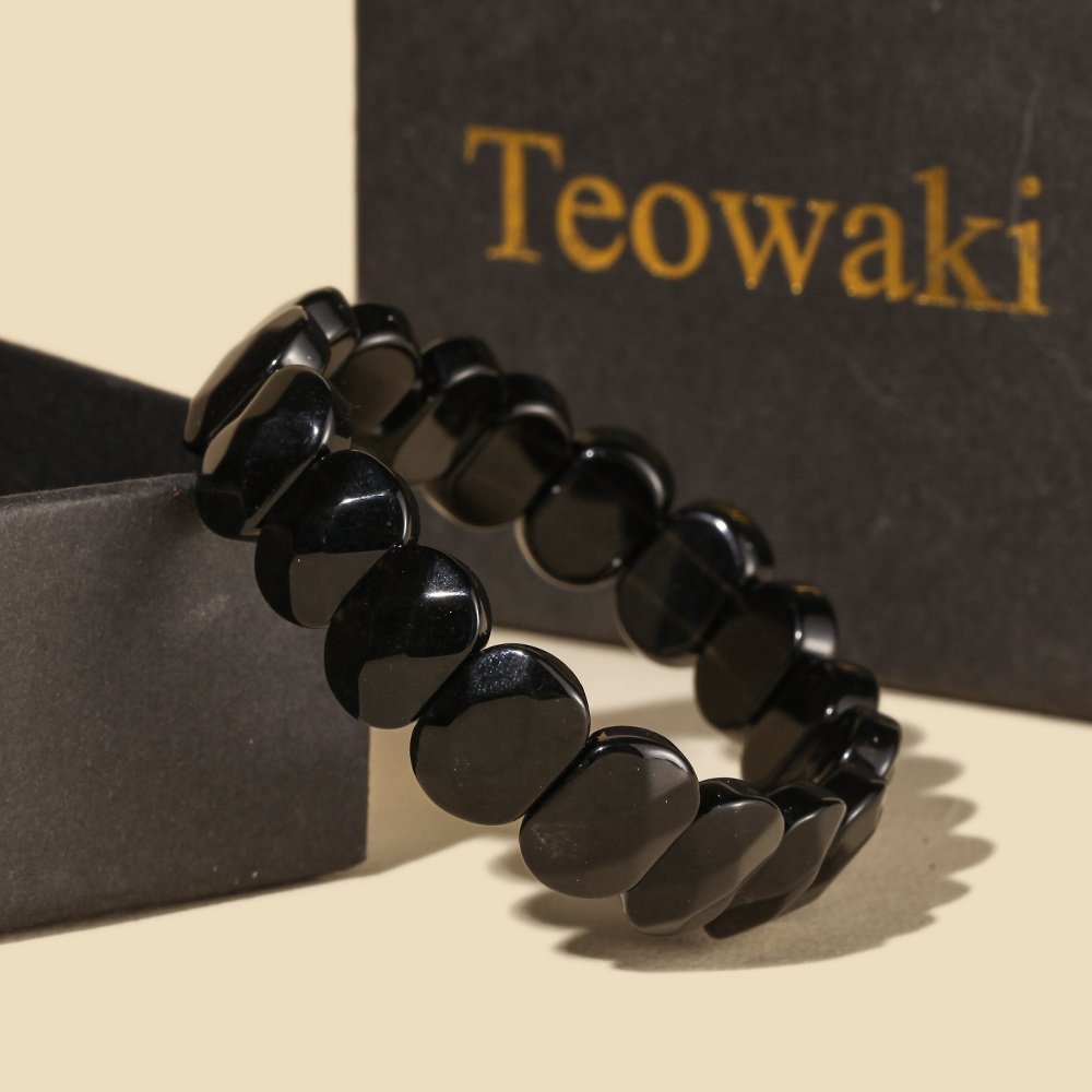 TEMU 1pc Men' Natural Black Onyx Bracelet - Handmade Elastic Retro Suitable For Business, Daily Wear, Parties, Birthstone Gift, Flat Tile Jewelry For