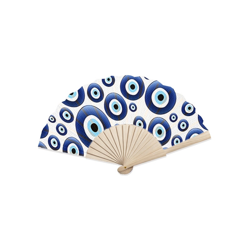 TEMU Blue Evil Eye Printed Wooden Handheld Folding Fan, 1pc Decorative Craft Fan, Lightweight Summer Cooling Folding Fan, Very Suitable For Parties,