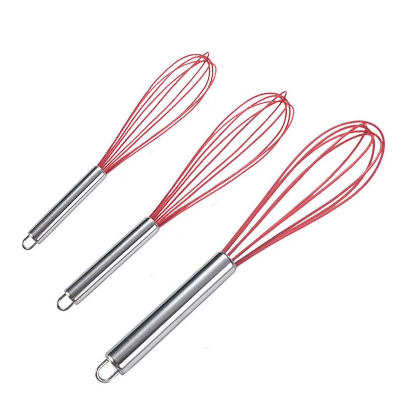 Image of Shaon 3pcs Stainless Steel Handle Silicone Beater, Manual Heat-resistant Stirrer, Non-damaging Cookware Kitchen Cooking Stirrer, Ball Beater, Stirring, Foaming And Mixing, Red