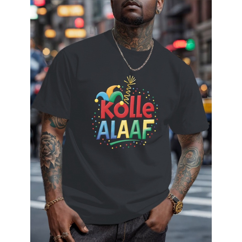 

Men's Casual Crew Neck T-shirt With K Lle Jester Hat Print, 100% Polyester Knit Fabric, Geometric Pattern, Regular Fit For Summer