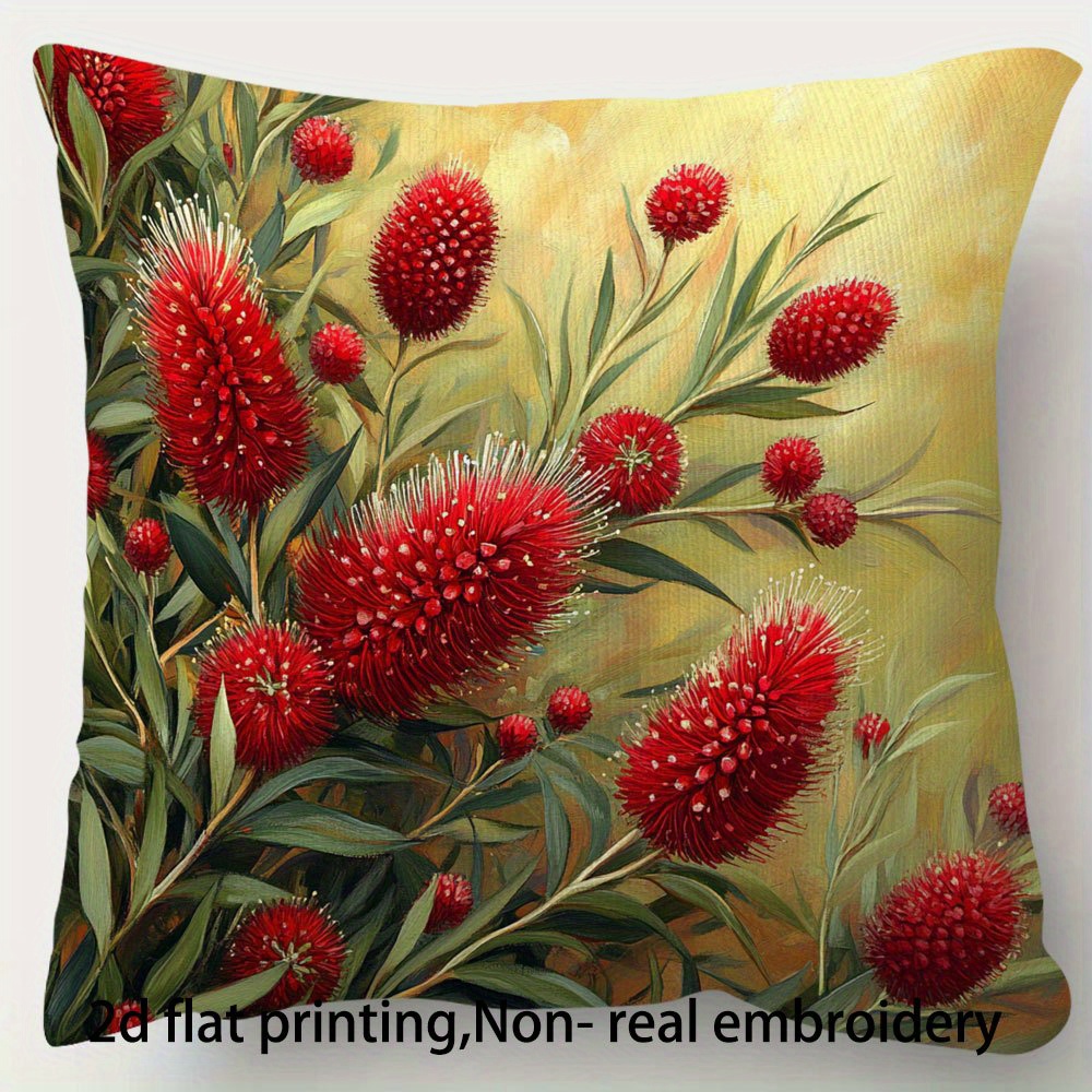 TEMU Australian Pillow Cover With Red Flowers - Bohemian Retro Cushion Case Suitable For Sofa Room - Realistic 2d Flat Print Zippered Cover (machine