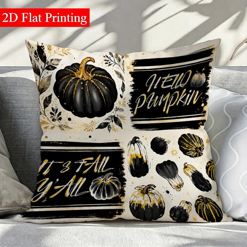 kussensloop met 2d platte herfstpompoenprint, 18x18 inch, dubbelzijdig bedrukt, zwart-wit met gouden accenten, vintage  , ideaal voor feestdagcadeau & gezellige huisdecoratie, 1  , 2d plat