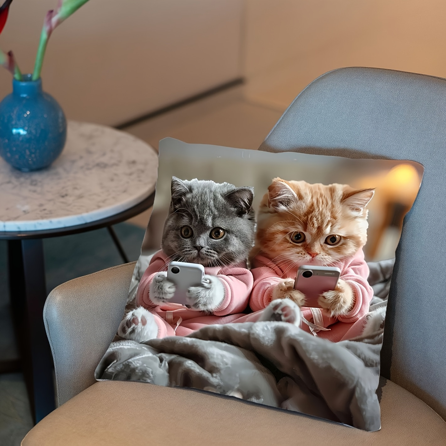 1pc cute   tabby kittens in pink hoodies using phones pillow cover dual sided printed   with zipper closure machine washable grey background decor for sofa bed chair birthday thanksgiving gift for cat lovers home decor accent bedroom accessory   design   print pet owners   thanksgiving Product details 5