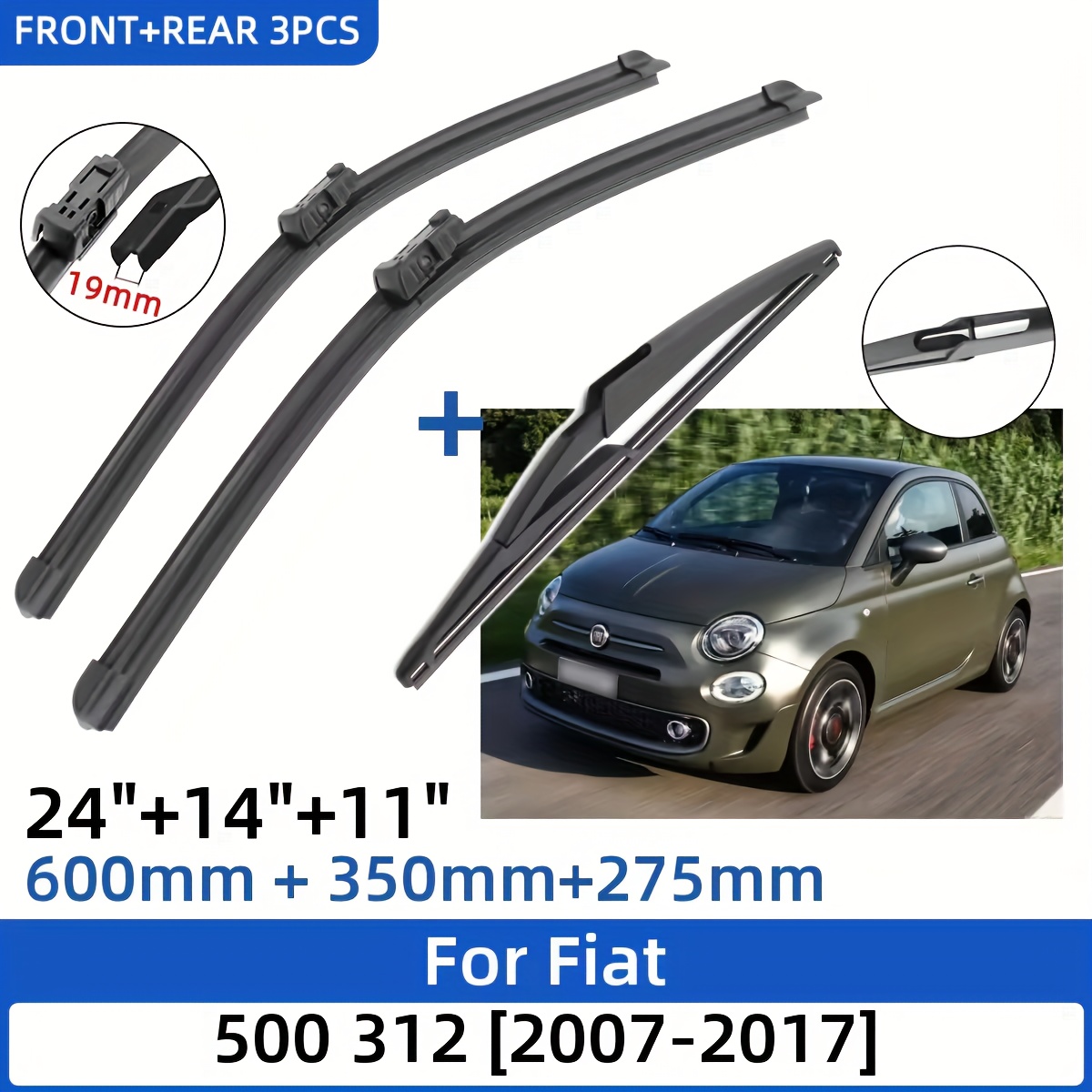 TEMU per Fiat 500 312 Modelli 2007-2017 24"+14"+11" Spazzole tergicristallo anteriori e posteriori Taglia vetri aggiuntivi 2015 2016 2017
