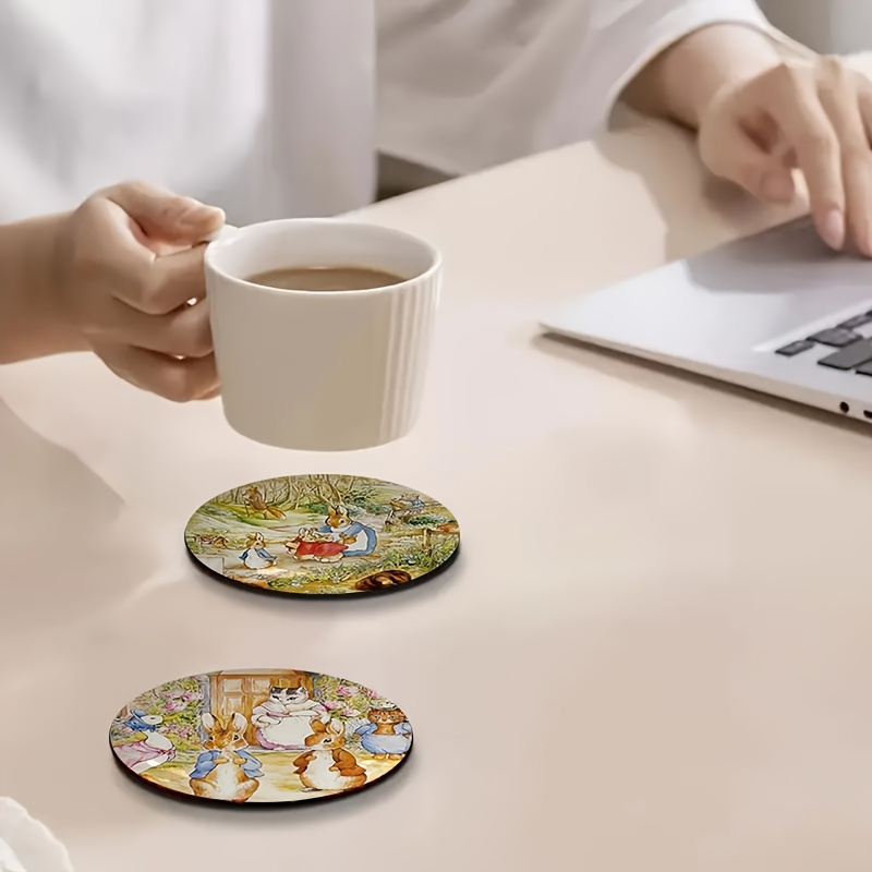 TEMU A Set Of 6 Wooden Coasters Featuring A Tale Rabbit Design, Making It An Ideal Gift For Housewarming Celebrations, Suitable For Use In Bars,