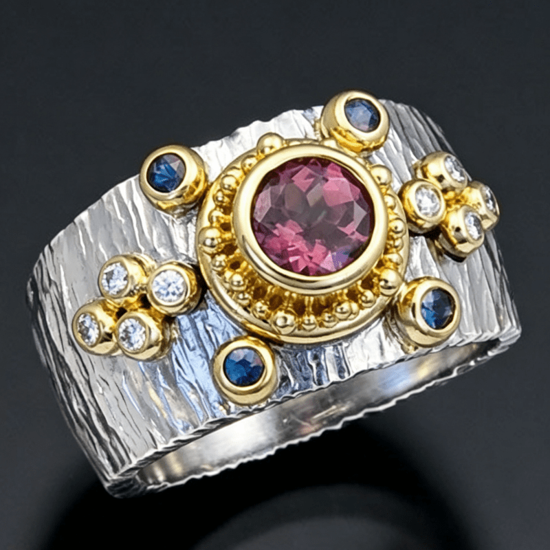 Women's Gothic Bark Texture Ring with Golden Border & Pink CZ