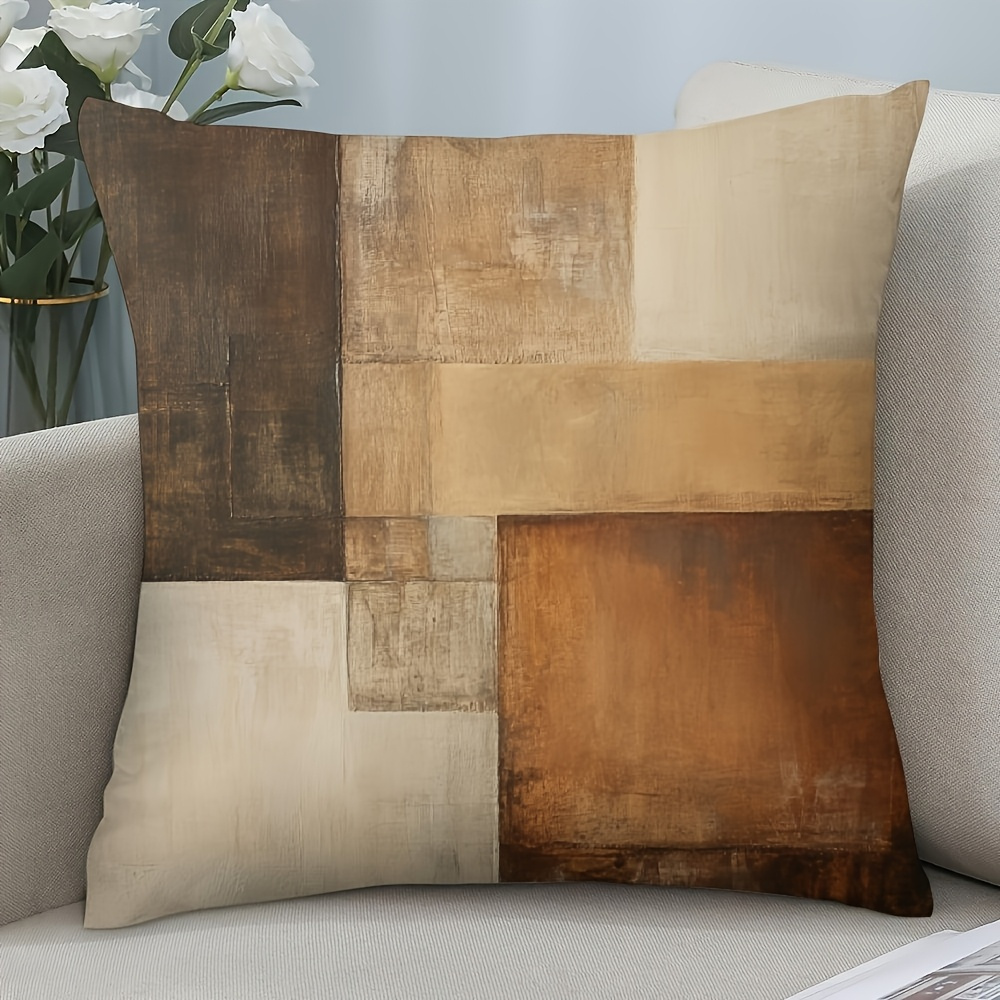 TEMU 2d Flat - 1pc, Modern Abstract Geometric Pillowcase - Single-sided Print, Beige Brown Retro Style, Polyester Fabric With Hidden Zipper Closure,
