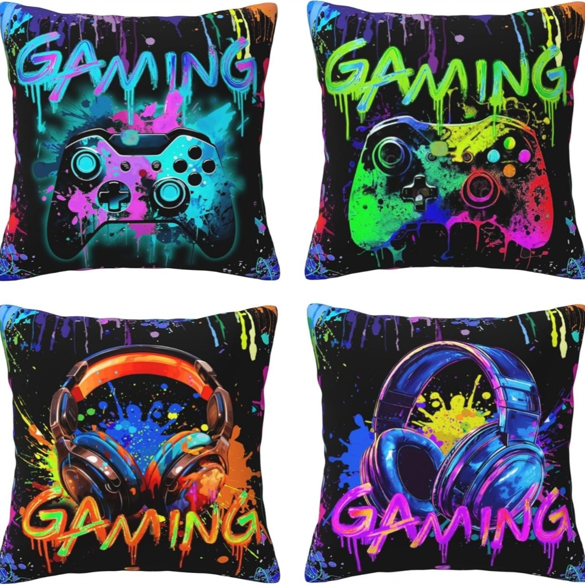 TEMU Lot de 4 taies d'oreiller sur le thème de l', adaptées à la décoration de salle de jeu, chambre de garçon - Housses de coussin avec et casque