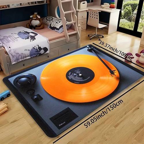 modern vintage style black and gray record player with vibrant orange vinyl records high fidelity audio equipment with volume knob and tone arm home desktop player