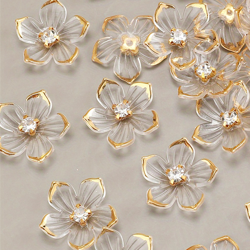 TEMU 2d Flat - 25pcs Of 2.4cm/0.94in Flower Beads, With Golden Borders Around And Rhinestones In , Black And White 5 Petal Flower - Large Size, Flat